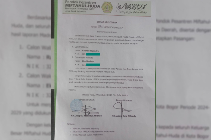 Surat keputusan Pondok Pesantrean Miftahul Huda mendukung&nbsp;pasangan&nbsp;calon&nbsp;Wali&nbsp;Kota dan&nbsp;Wakil&nbsp;Wali&nbsp;Kota Bogor Dokter Rayendra&nbsp;serta&nbsp;Eka Maulana