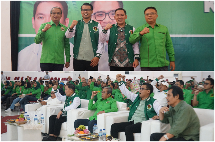 Ribuan kader PPP kumpul untuk pemenangan&nbsp;Dokter Rayendra dan Eka Maulana di Gedung Galaxi, Tajur, Kota Bogor, Minggu (8/9/2024).