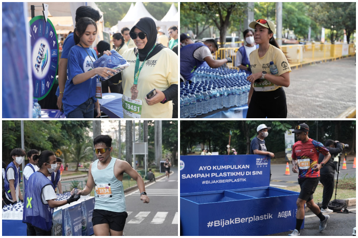Pelari BNI-UI Half Marathon yang sudah finish, mampir ke booth AQUA dan mendapatkan hadiah dari runners activation
