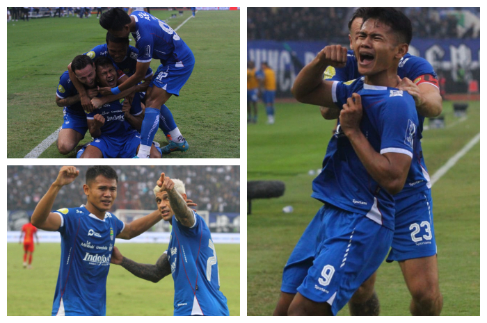 Penyerang Persib Bandung, Dimas Drajat melakukan selebrasi usai mencetak gol ke gawang Persija Jakarta, di Stadion Si Jalak Harupat, Soreang, Kabupaten Bandung, Senin (23/9/2024) sore.