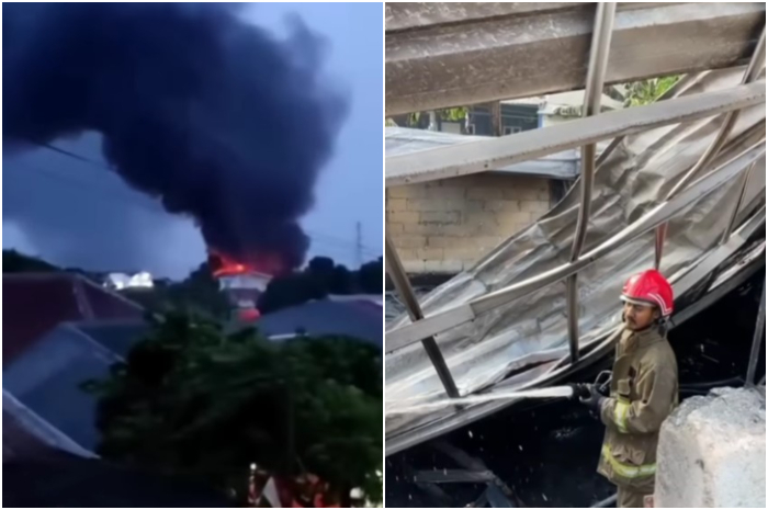 Petugas memadamkan api di gudang bahan di Bojonggede Bogor, Rabu 2 Oktober 2024.