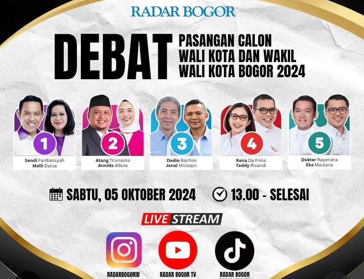 Debat Pasangan Calon Wali Kota Bogor dan Wakil Wali Kota Bogor 2024 bakal digelar Radar Bogor, Sabtu (5/10/2024).