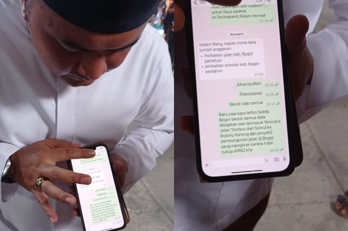 Cabup Bogor, Rudy Susmanto memperlihatkan pesan WhatsApp dari&nbsp;Presiden terpilih Prabowo Subianto.