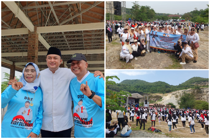 Para peserta senam saat foto bersama memegang banner pasangan Calon Bupati Bogor, Rudy Susmanto - Ade Ruhandi.