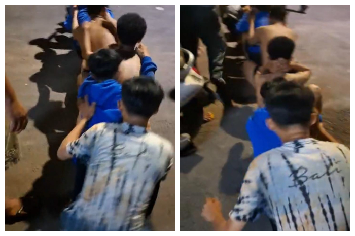 Belasan remaja di Kecamatan Tajurhalang, Kabupaten Bogor, dipaksa jalan jongkok di halaman Mapolsek Tajurhalang, kemarin.