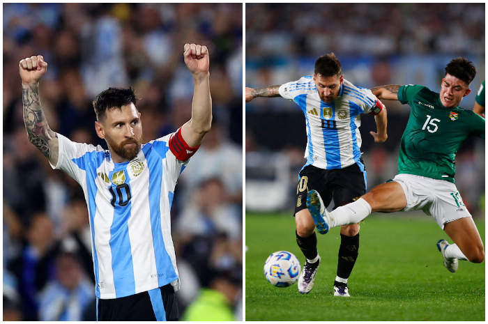 Selebrasi Lionel Messi usai mencetak gol ke gawang Bolivia. Dalam laga itu Argentina pesta gol 6-0.