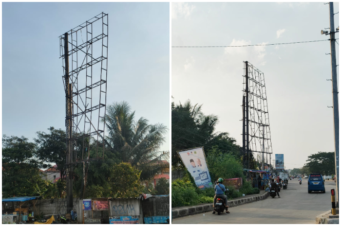 Kondisi papan reklame di Simpang Salabenda Bogor Jumat (18/10/2024) pagi terlihat makin miring,