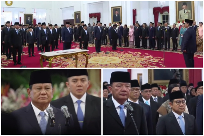 Pelantikan Menteri dan Pejabat Setingkat Menteri Kabinet Merah Putih oleh Presiden Prabowo di Istana Negara Jakarta Senin (21/10/2024).