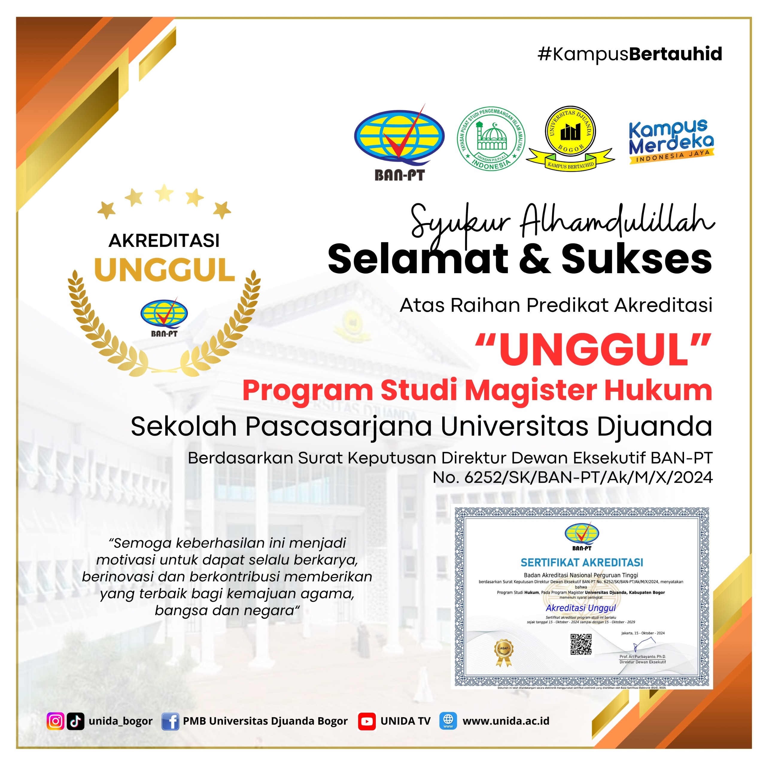 Program Studi Magister Hukum Sekolah Pascasarjana UNIDA Bogor Raih Akreditasi Unggul dari BAN PT