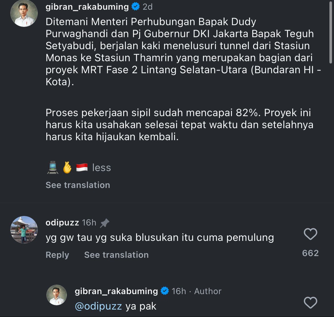 tangkapan layar unggahan Wapres Gibran Rakabuming Raka di instagram saat meninjau pembangunan MRT fase 2.