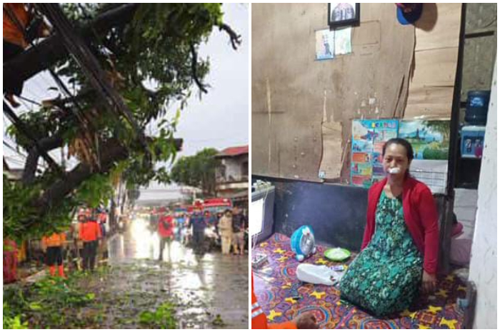 Tim BPBD Kabupaten Bogor saat melakukan evakuasi pohon tumbang di Citeureup. Satu orang warga terluka tertimpa asbes.