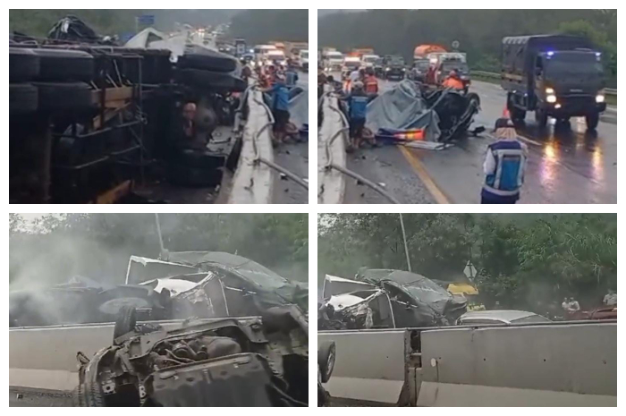Puluhan kendaraan terlibat kecelakaan beruntun di Tol Cipularang, Kabupaten Purwakarta, Jawa Barat, Senin (11/11/2024).