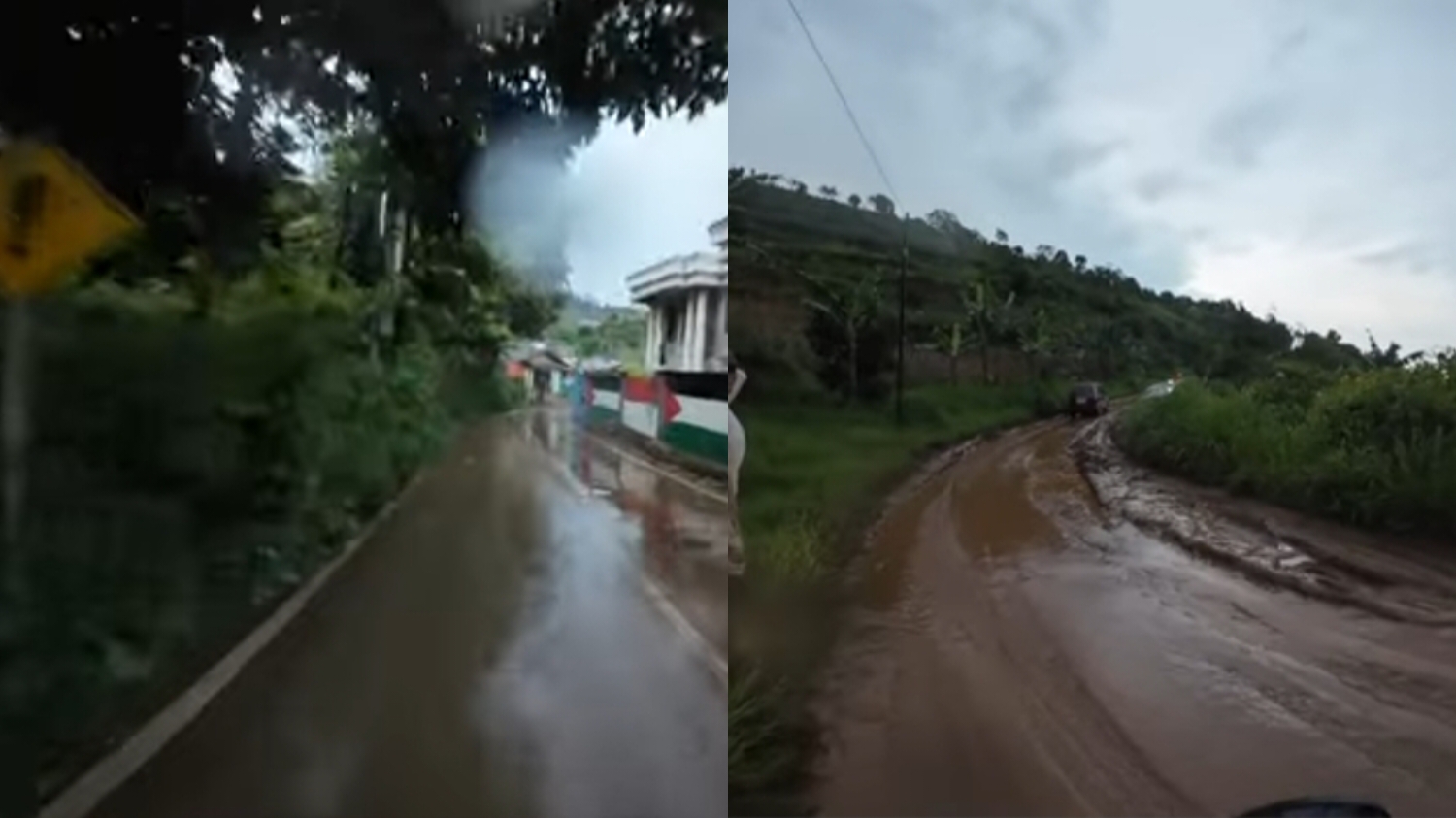 Kondisi jalan alternatif Puncak Dua, Kabupaten Bogor, yang berlumpur akibat hujan deras.