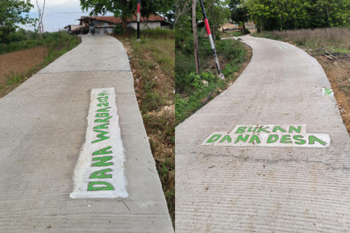 Kondisi jalan yang telah diperbaiki viral di media sosial dan bertuliskan bukan dana desa.