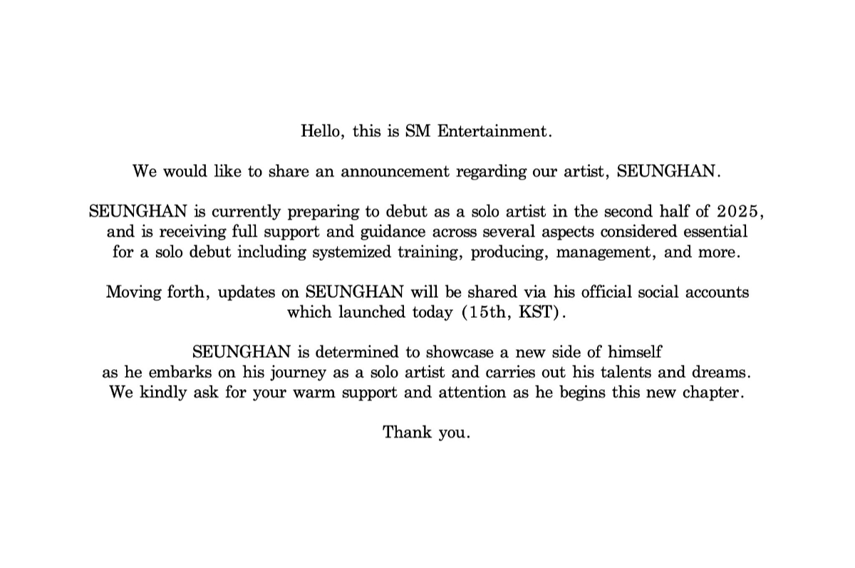 Pengumuman resmi SM Entertainment soal posisi Seunghan.