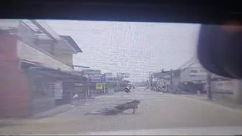 Tangkapan layar video ibu-ibu mendadak melompat dan tidur di tengah Jalan Kencana