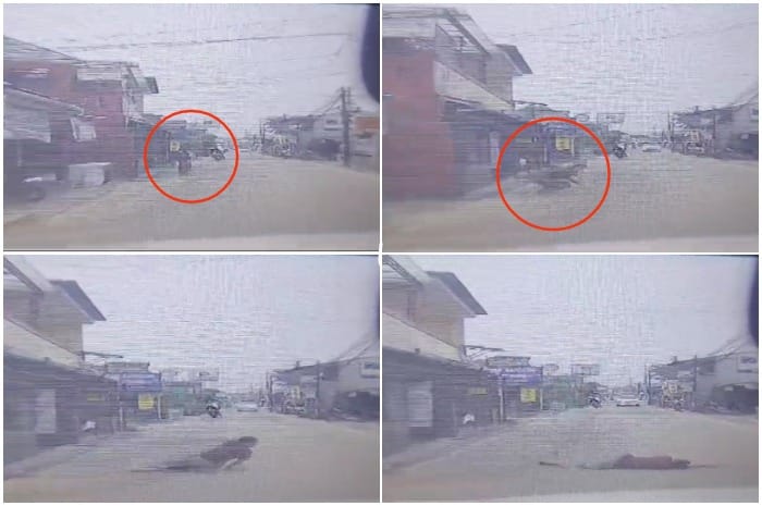 Detik-detik seseorang diduga pura-pura tertabrak. Tampak seseorang diberi tanda lingkaran merah berdiri lalu terkapar saat sebuah mobil melintas.