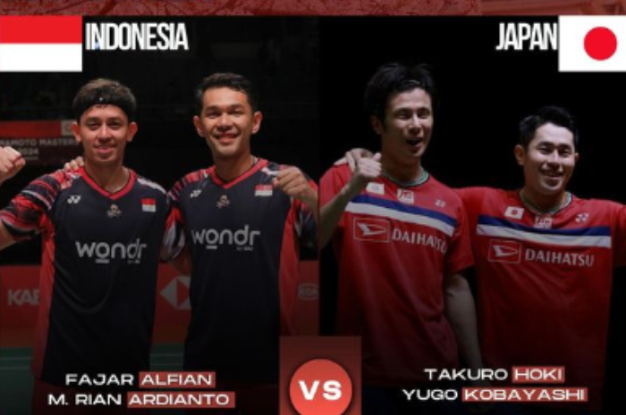 Pasangan&nbsp;ganda putra Fajar Alfian/Muhammad Rian Ardianto menghadapi wakil Jepang Takuro Hoki/Yugo Kobayashi, Minggu (17/11/2024)