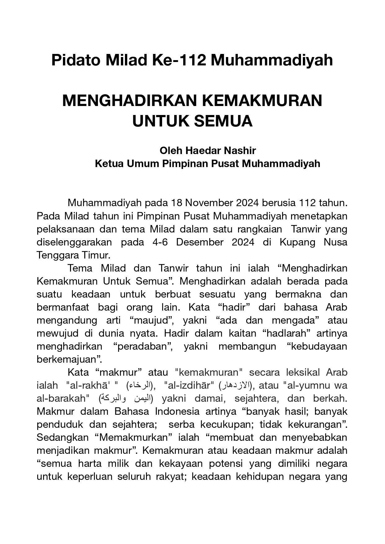 Pidato Milad ke 112 Ketua Umum Pimpinan Pusat Muhammadiyah Haedar Nashir