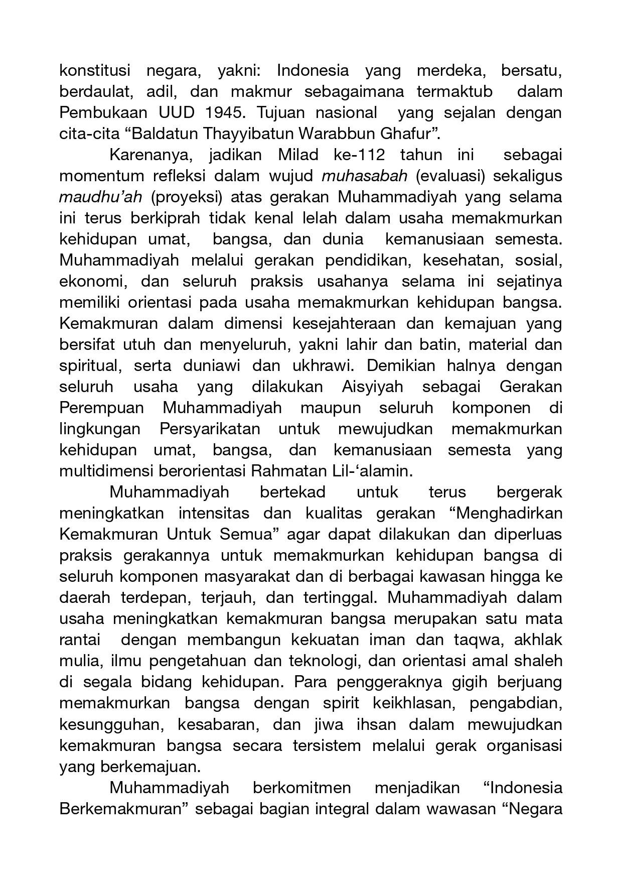 Pidato Milad ke 112 Ketua Umum Pimpinan Pusat Muhammadiyah Haedar Nashir