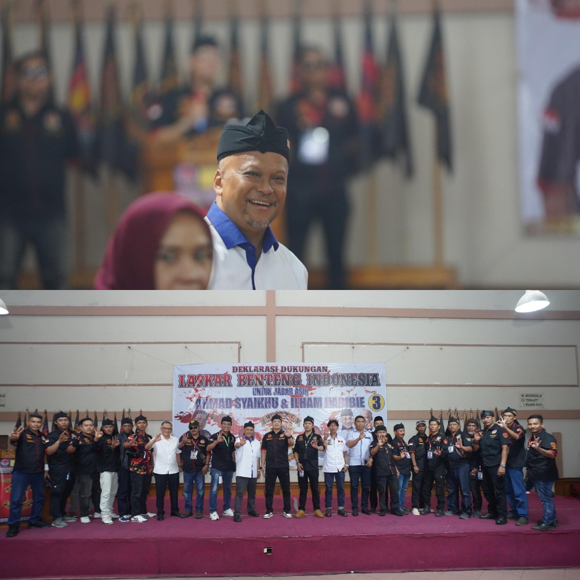 Cawagub Jabar Ilham Habibie mendapatkan dukungan dari organisasi masyarakat Laskar Benteng Indonesia (LBI) dalam deklarasi yang berlangsung di Jalan Ciwastra, Kota Bandung, Kamis (21/11/2024).