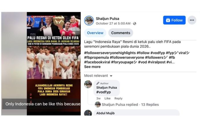 Unggahan yang mengklaim lagu "Indonesia Raya" akan menjadi lagu pembukaan Piala Dunia 2026 ternyata hoaks.