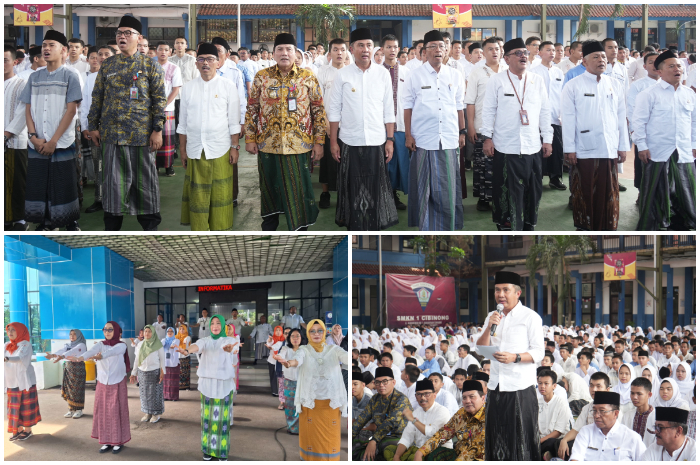 Pemecahan Rekor MURI Sarung Tenun Majalaya oleh ASN Pemkab Bogor di lapangan utama SMKN 1 Cibinong pada Jumat (22/11/2024)