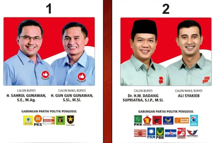 2 pasangan calon Bupati dan Wakil Bupati Bandung, Sahrul Gunawan dan Gun Gun Gunawan serta Dadang Supriatna dan Ali Syakieb.