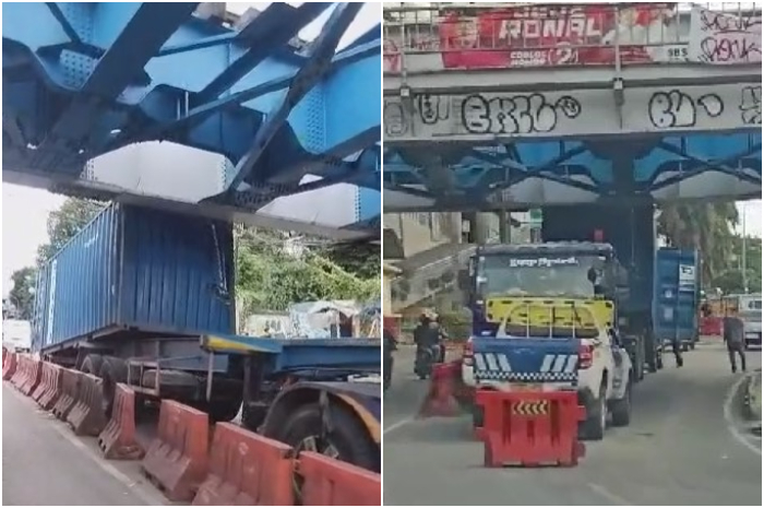 Truk kontainer menabrak jembatan kereta api jurusan Bogor - Sukabumi, tepatnya samping BTM, Empang, Kota Bogor, Minggu (1/12/2024).