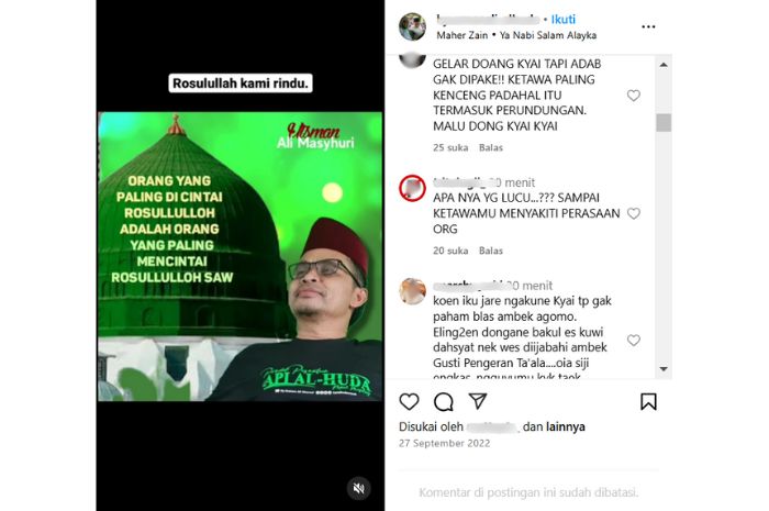 Unggahan terakhir Kiai Haji Usman Ali dibanjiri komentar kritik warganet.