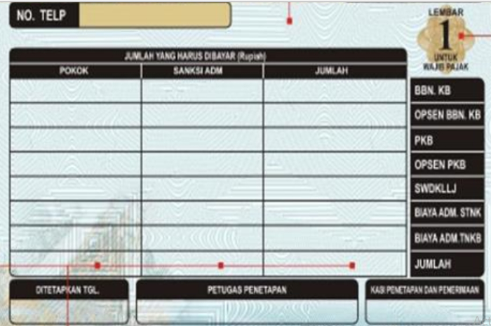 Ilustrasi tampilan Surat Ketetapan Kewajiban Pembayaran (SKKP) yang melekat di STNK berlaku 2025.