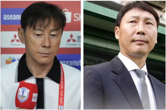 Pelatih Timnas Indonesia Shin Tae-yong dan Pelatih Vietnam Kim Sang-Sik.