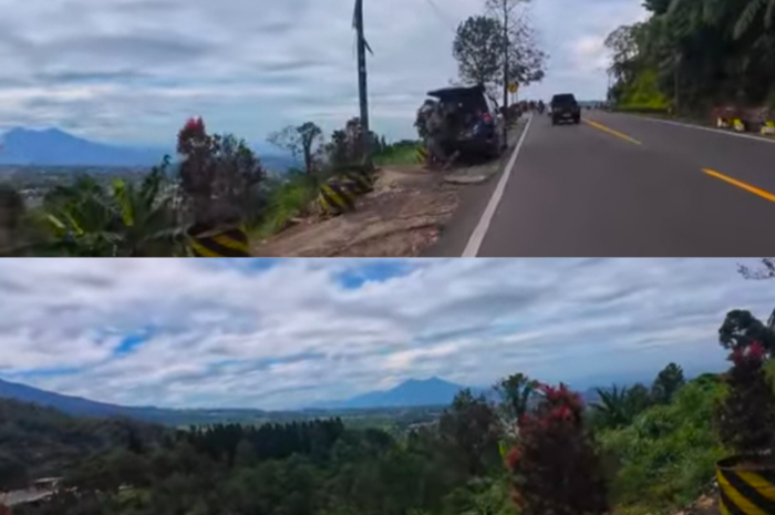 Ilustrasi jalan kawasan Puncak Bogor dengan pemandangan Gunung Salak.