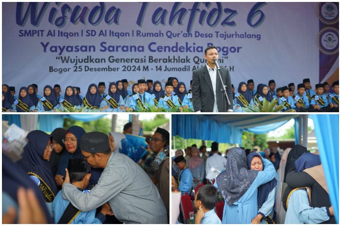 Potret haru saat peserta wisuda tahfidz Yayasan Sarana Cendekia Bogor menghampiri orang tuanya.