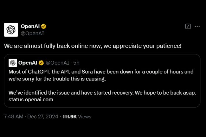OpenAI konfirmasi gangguan yang terjadi telah kembali online.