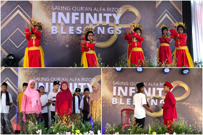 Sejumlah santri yang tengah menyuguhkan kreasi seni di momentum perayaan milad ke 8 Saung Quran Alfa Rizqie di Bogor.