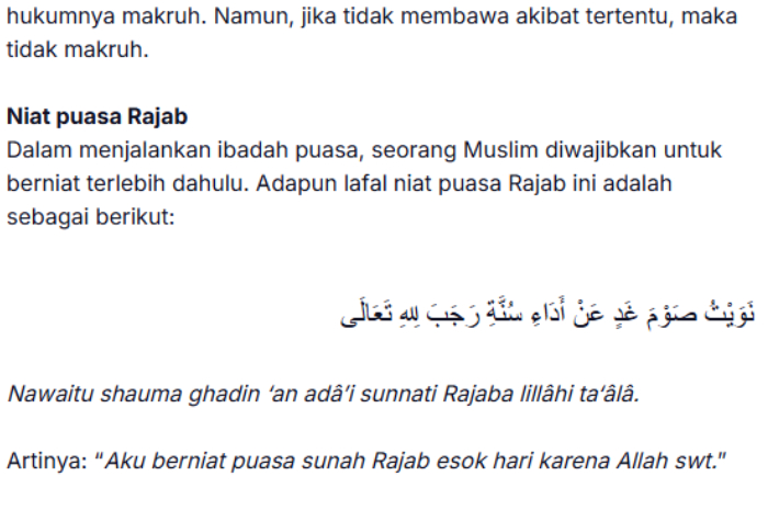 Bacaan niat puasa Rajab.