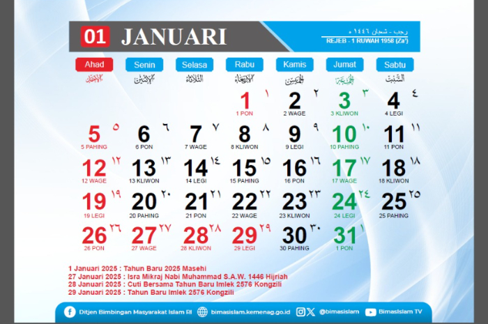 Kalender Bulan Januari 2025. Ada puluhan hari besar nasional dan internasional.