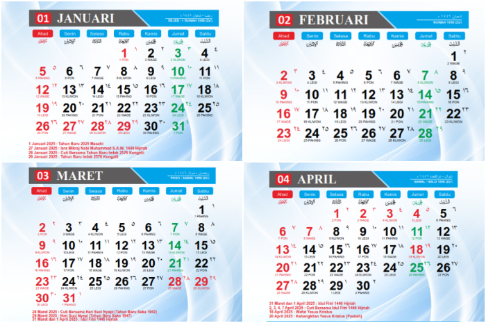 Kalender 2025 di antaranya Januari, Februari, Maret dan April.