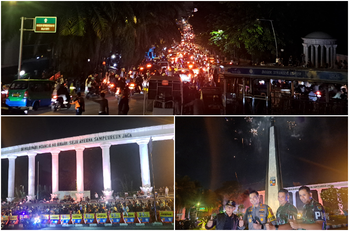 Suasana malam pergantian tahun di Tugu Kujang Bogor diwarnai pesta kembang api. Forkopimda Kota Bogor meninjau perayaan malam tahun baru 2025.