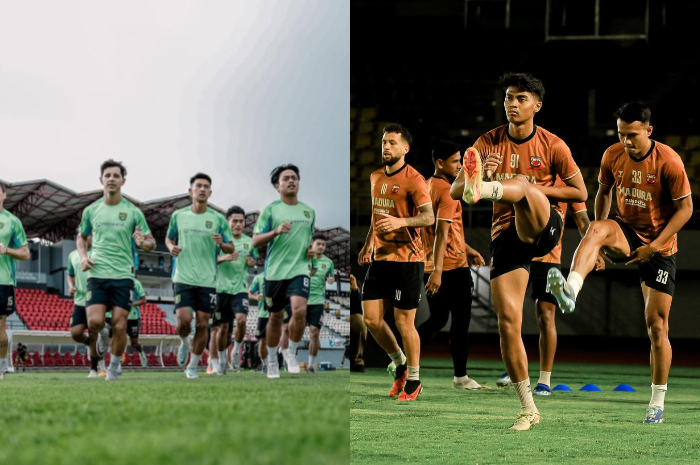 Para pemain Persebaya Surabaya dan Madura United saat latihan.