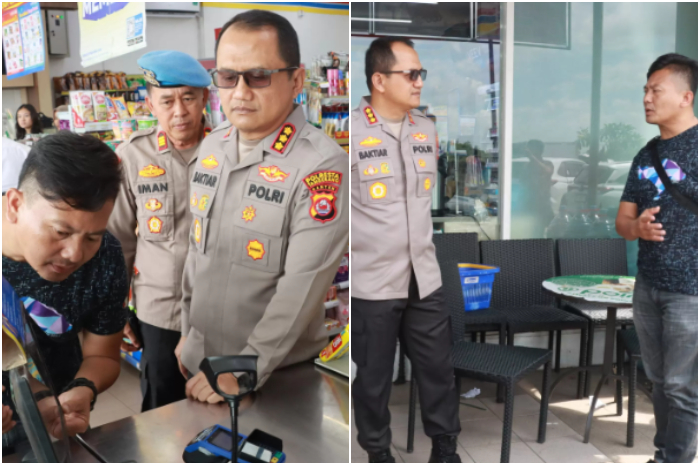 Kapolresta Tangerang Kombes Pol Baktiar Joko Mujiono meninjau lokasi penembakan bos rental mobil di Indomaret Rest Area KM 45 Tol Jakarta-Merak.