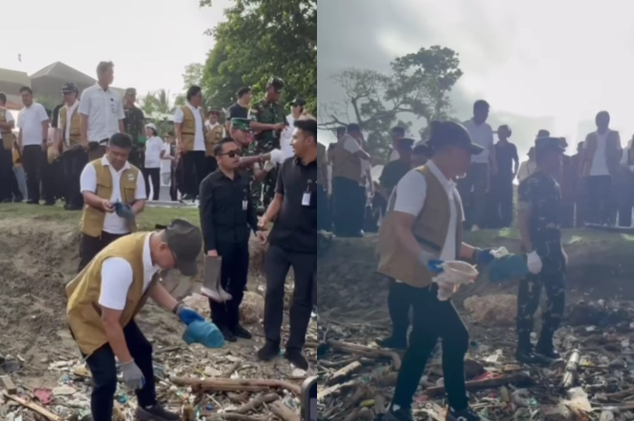 Sebanyak empat orang Menteri bersih-bersih Pantai Kuta Bali dari berbagai jenis sampah.