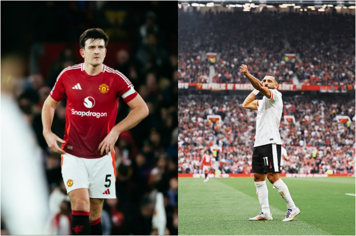 Pemain Manchester United Harry Maguire dan Pemain Liverpool Mohamed Salah.
