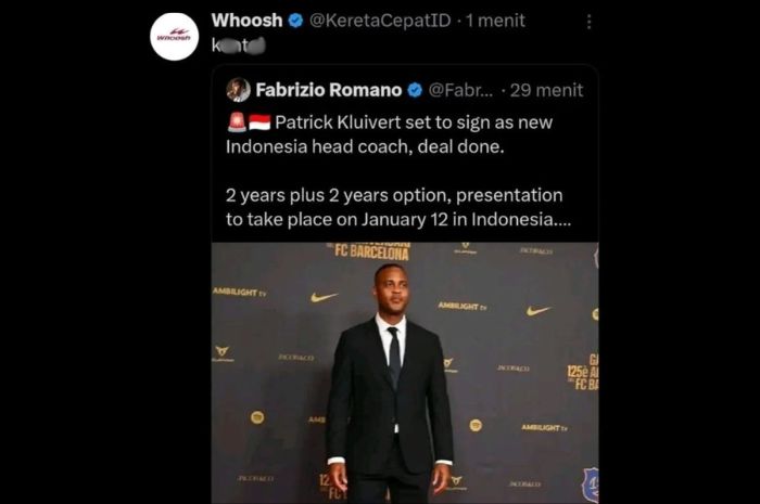 Akun resmi Whoosh komentari postingan yang membahas pengganti Shin Tae-yong, Patrick Kluivert, sebagai pelatih sepak bola Timnas Indonesia dengan kata tidak pantas.