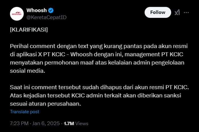Unggahan permintaan maaf akun Whoosh soal komentar tidak pantas di X atas unggahan yang membahas Patrick Kluivert.