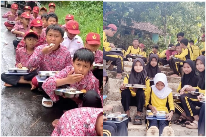 VIRAL: Siswa SDN Bungur, saat menikmati program Makan Bergizi Gratis di pinggir jalan tepatnya jalan di kampung Cibungur, Desa/Kecamatan Warungkiara, Kabupaten Sukabumi.