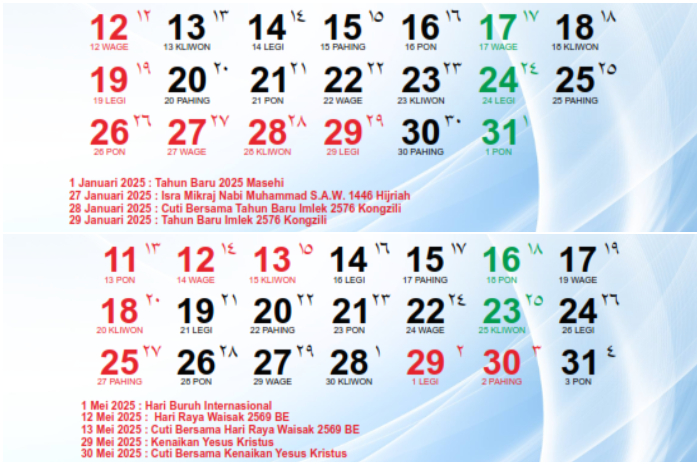Kalender 2025 dan terdapat long weekend pada bulan-bulan tertentu.
