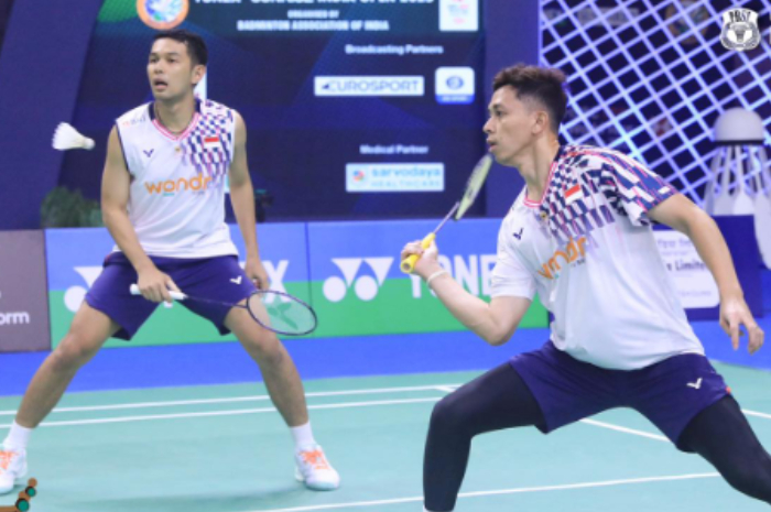 Fajar Alfian/Muhammad Rian Ardianto saat bertanding di India Open 2025, Rabu (15/1/2025).