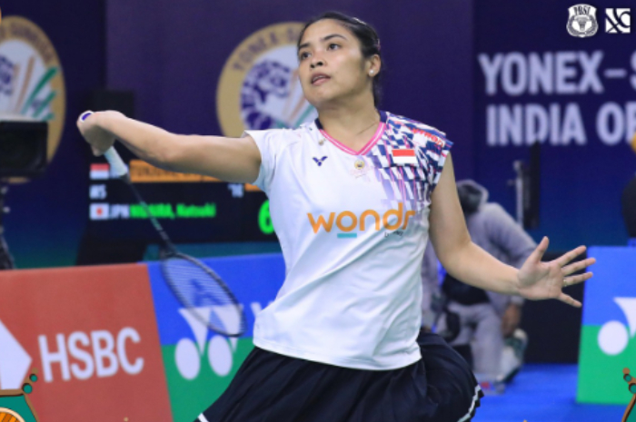Tunggal putri Indonesia Gregoria Mariska Tunjung bertanding di India Open 2025.